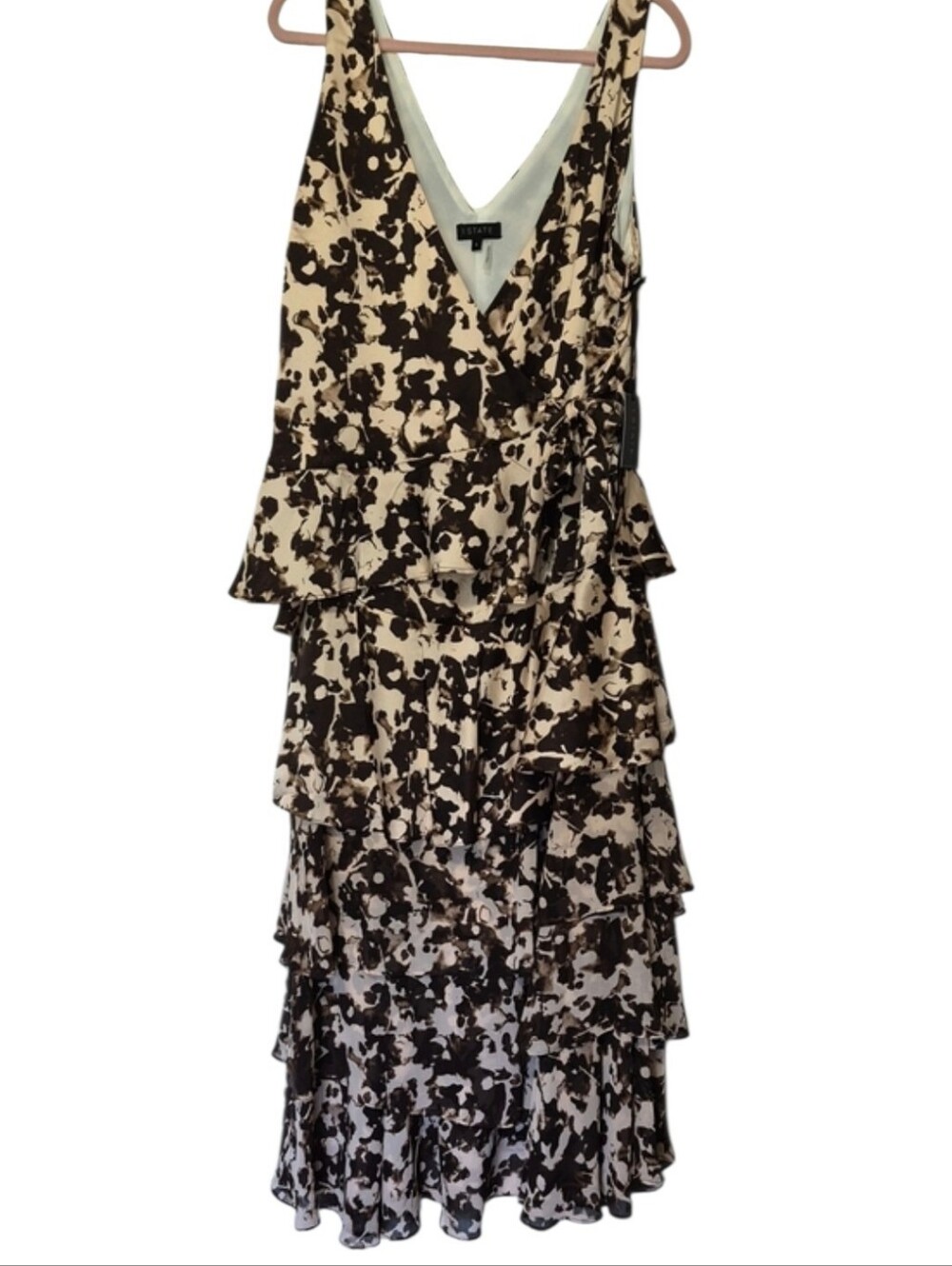 1.STATE Floral Ruffle Tiered Maxi Dress Black Brown Tan Size L NWT